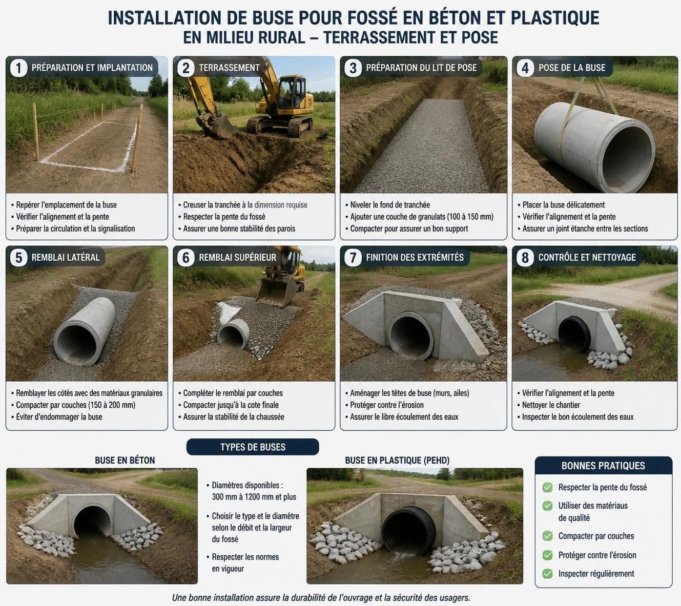 découvrez les avantages et inconvénients des buses en béton et en plastique pour choisir le matériau idéal pour votre fossé.