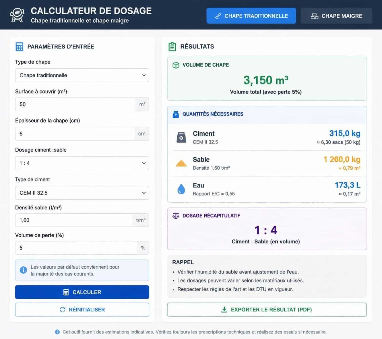 calculez facilement le dosage de votre chape traditionnelle ou maigre selon l'épaisseur souhaitée grâce à notre calculateur précis et simple d'utilisation.
