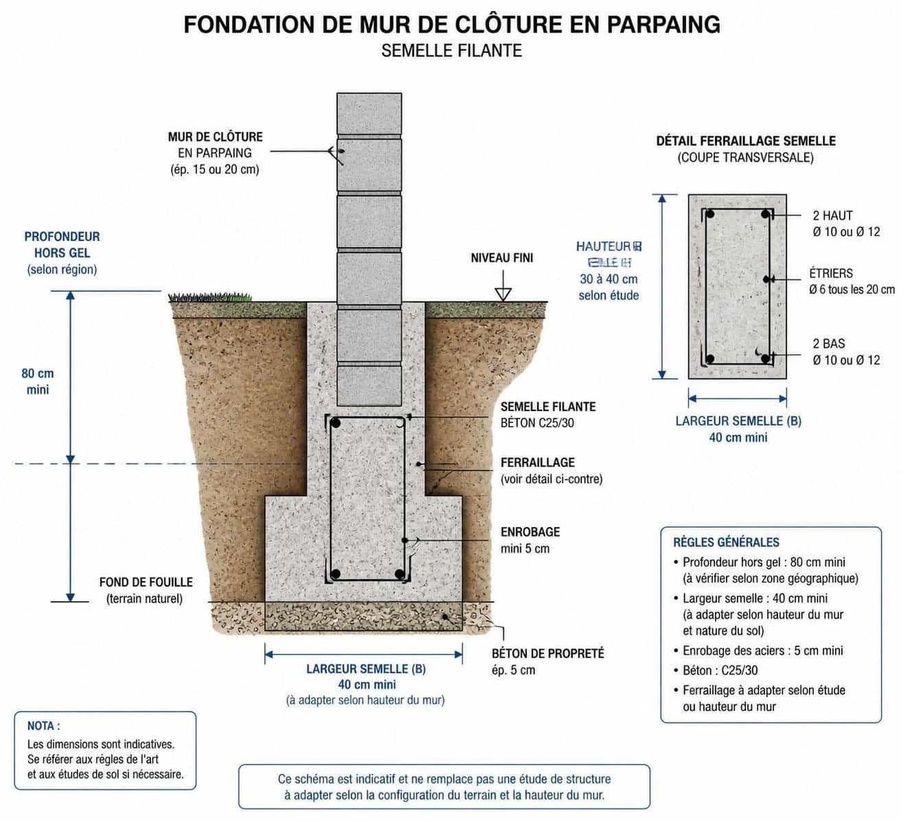 découvrez comment réaliser la fondation d'un mur de clôture en parpaing en respectant les bonnes dimensions de profondeur et de largeur, ainsi que les techniques de ferraillage pour assurer solidité et durabilité.