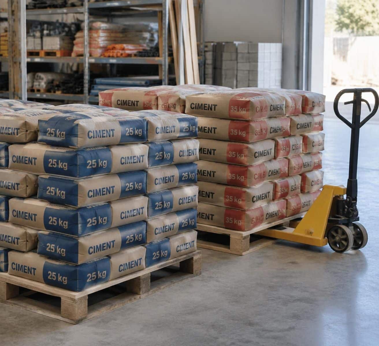 découvrez combien de sacs de ciment de 25 ou 35 kg se trouvent sur une palette, selon le poids des sacs et le conditionnement.
